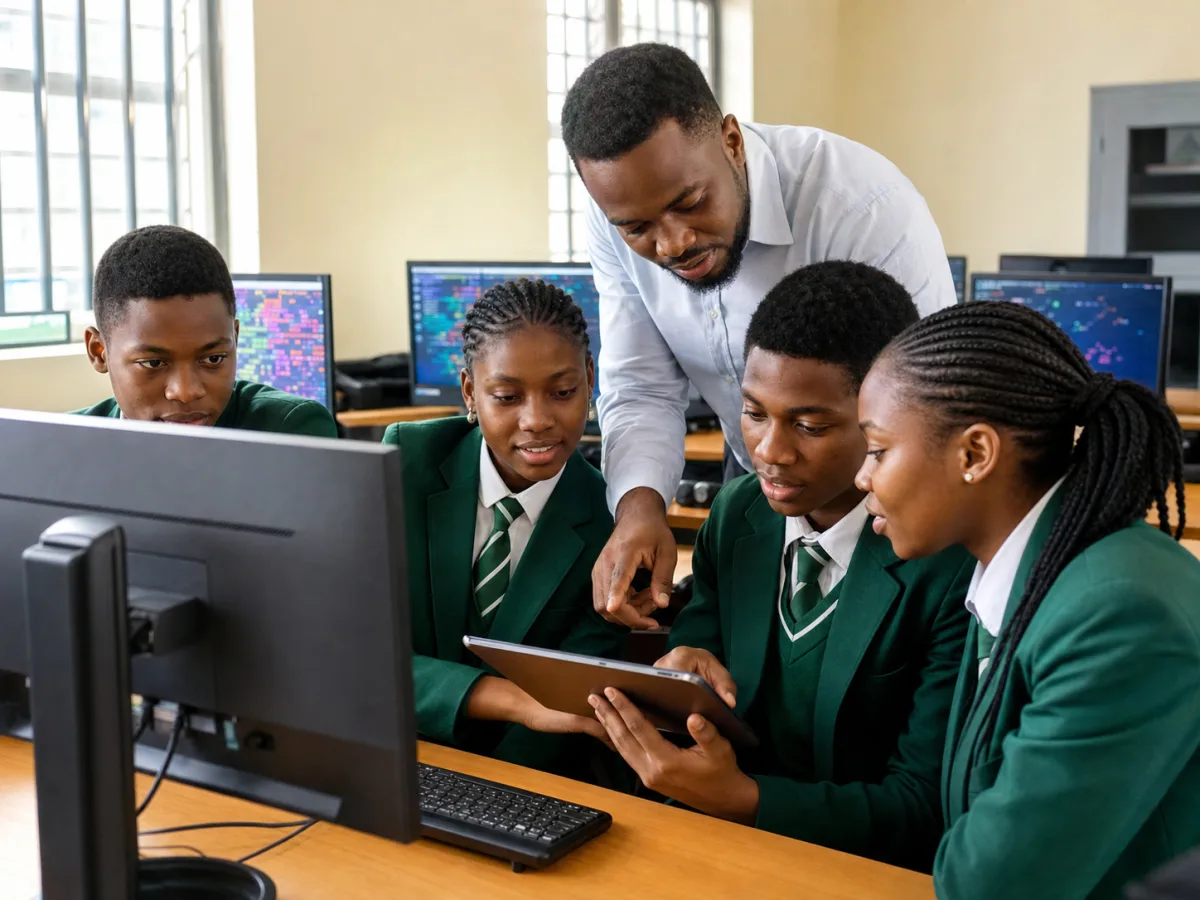 Students collaborating with a teacher in a digital learning room